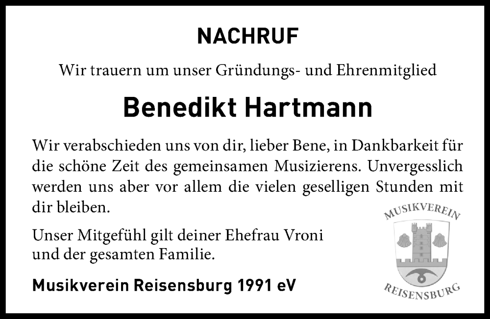 Traueranzeige von Benedikt Hartmann von Günzburger Zeitung