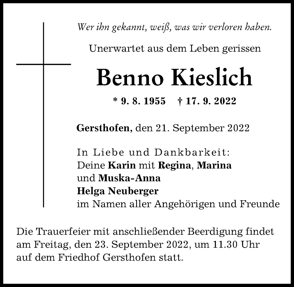  Traueranzeige für Benno Kieslich vom 21.09.2022 aus Augsburger Allgemeine