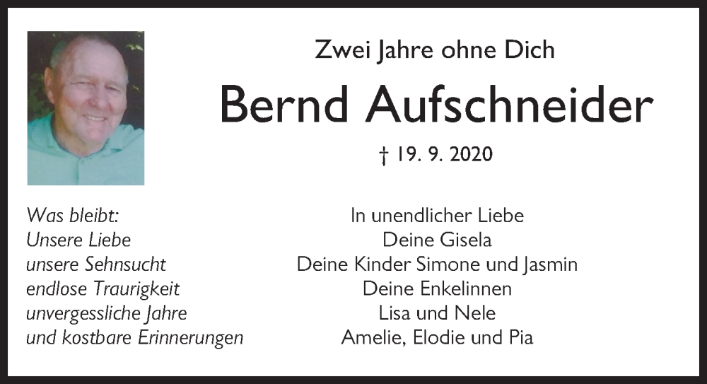  Traueranzeige für Bernd Aufschneider vom 19.09.2022 aus Augsburger Allgemeine