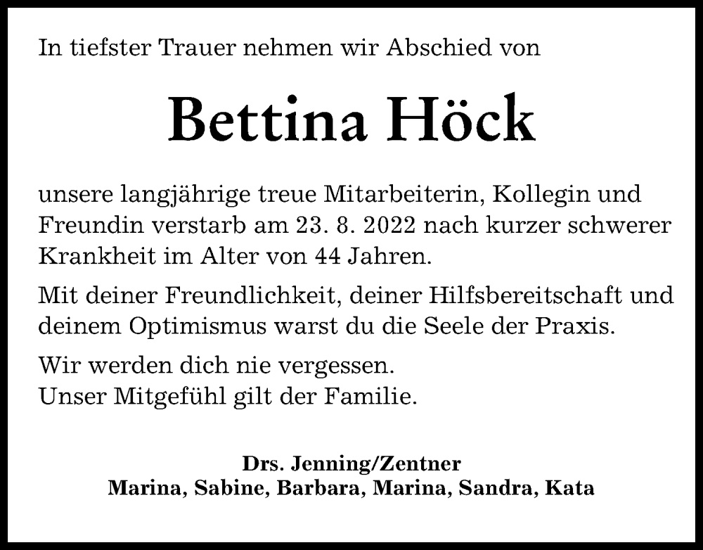 Traueranzeige von Bettina Höck von Mittelschwäbische Nachrichten