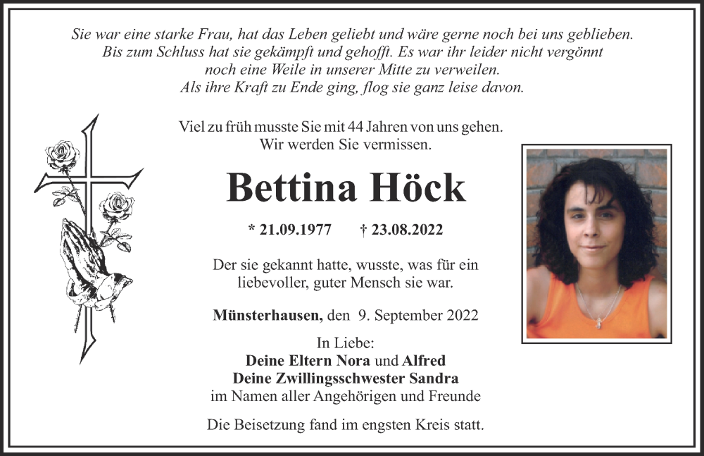 Traueranzeige von Bettina Höck von Mittelschwäbische Nachrichten