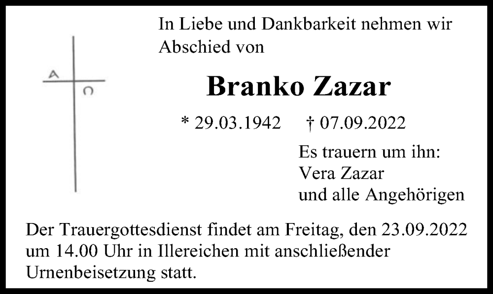  Traueranzeige für Branko Zazar vom 20.09.2022 aus Illertisser Zeitung