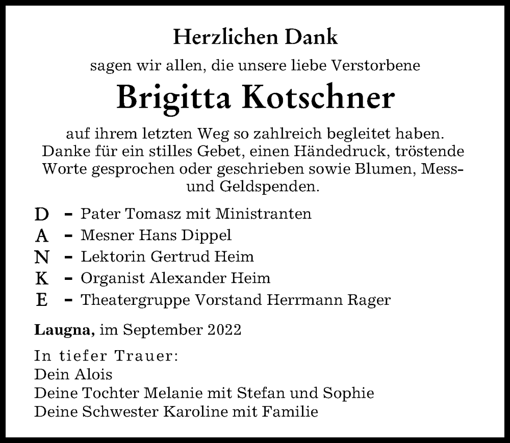 Traueranzeige von Brigitta Kotschner von Wertinger Zeitung