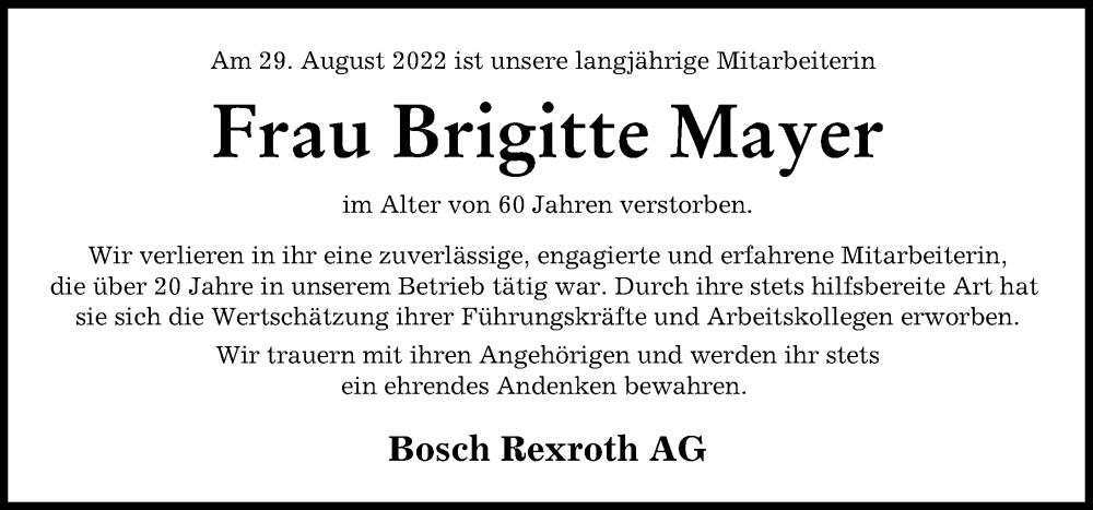  Traueranzeige für Brigitte Mayer vom 20.09.2022 aus Neu-Ulmer Zeitung