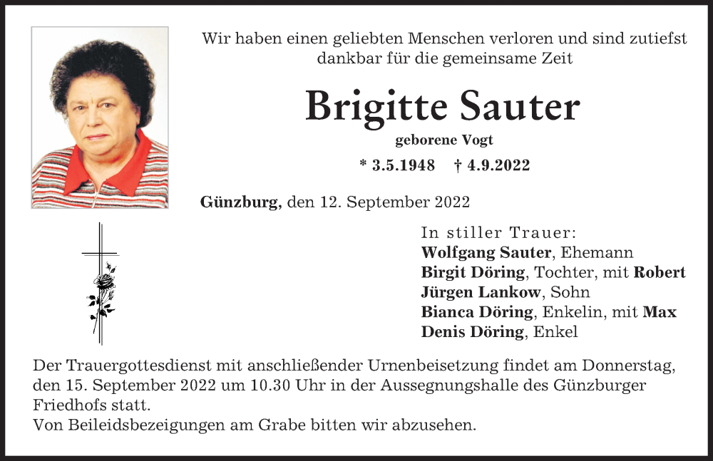  Traueranzeige für Brigitte Sauter vom 12.09.2022 aus Günzburger Zeitung