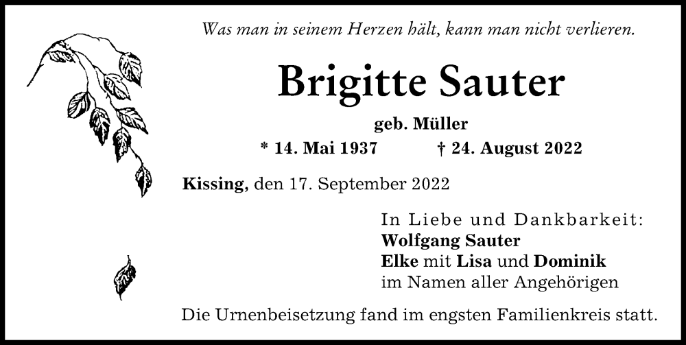 Traueranzeige von Brigitte Sauter von Friedberger Allgemeine