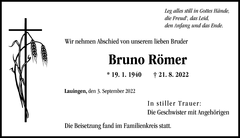  Traueranzeige für Bruno Römer vom 03.09.2022 aus Donau Zeitung