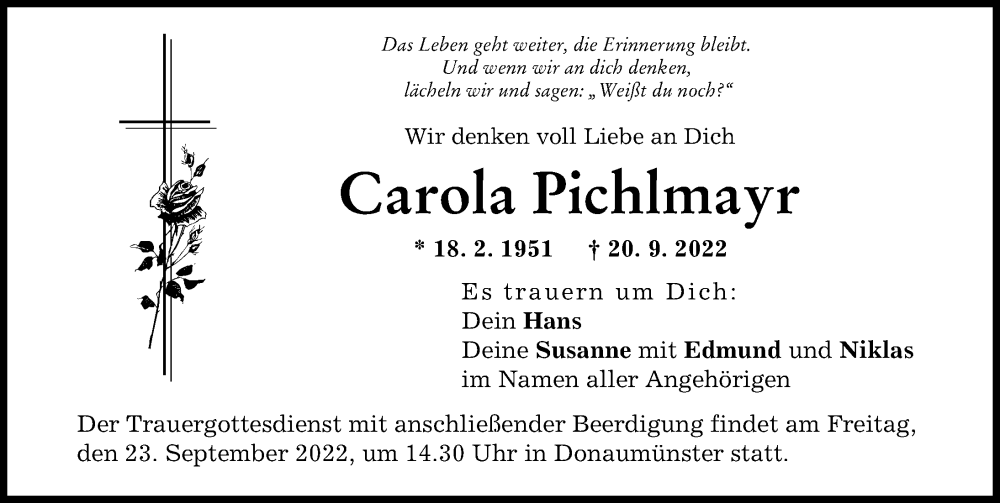  Traueranzeige für Carola Pichlmayr vom 22.09.2022 aus Donauwörther Zeitung