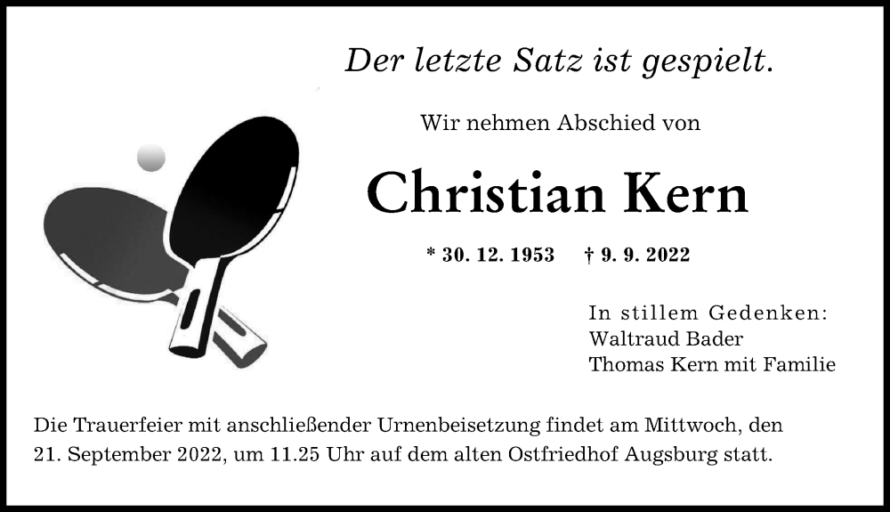  Traueranzeige für Christian Kern vom 17.09.2022 aus Augsburger Allgemeine