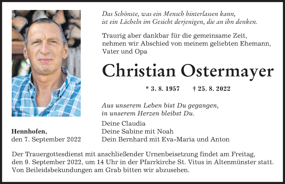 Traueranzeige von Christian Ostermayer von Augsburger Allgemeine