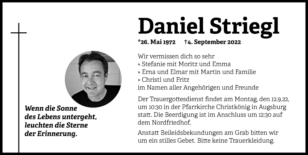  Traueranzeige für Daniel Striegl vom 10.09.2022 aus Augsburger Allgemeine