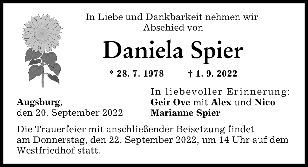  Traueranzeige für Daniela Spier vom 20.09.2022 aus Augsburger Allgemeine