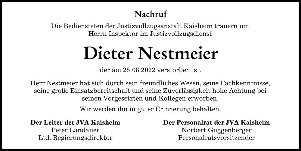 Traueranzeige von Dieter Nestmeier von Donauwörther Zeitung