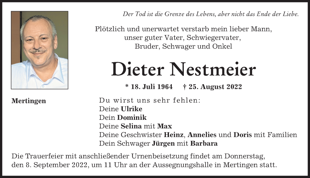 Traueranzeige von Dieter Nestmeier von Donauwörther Zeitung