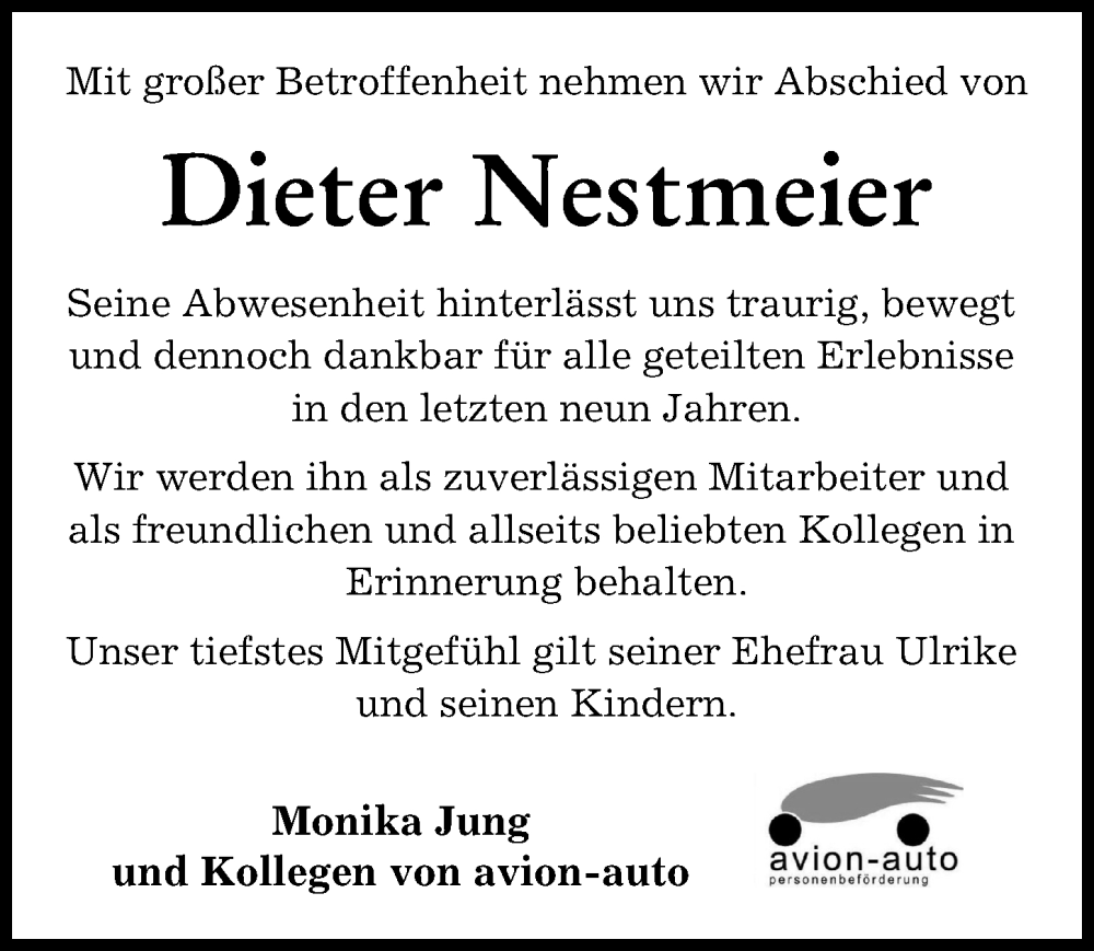 Traueranzeige von Dieter Nestmeier von Donauwörther Zeitung