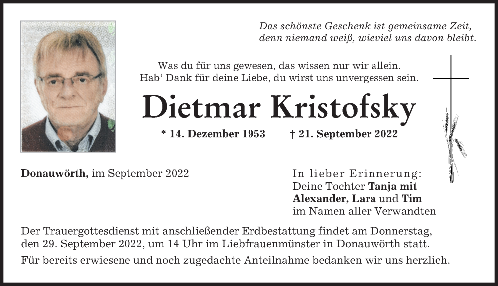 Traueranzeige für Dietmar Kristofsky vom 26.09.2022 aus Donauwörther Zeitung