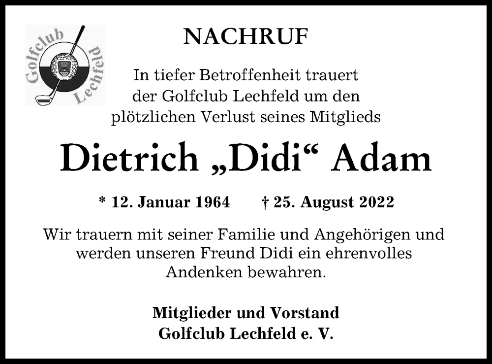 Traueranzeige für Dietrich Adam vom 03.09.2022 aus Augsburger Allgemeine