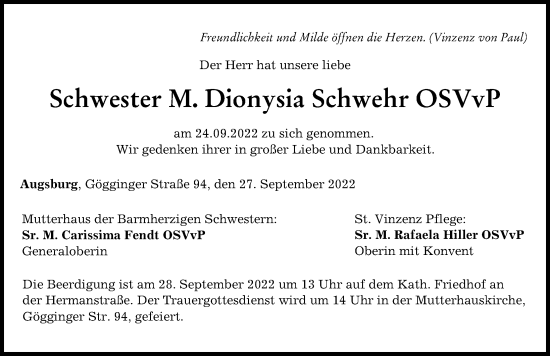Traueranzeige von Dionysia Schwehr von Augsburger Allgemeine
