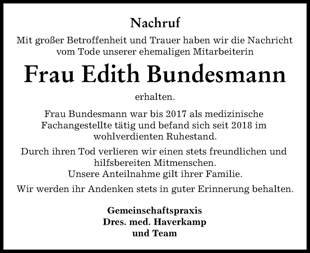 Traueranzeige von Edith Bundesmann von Neuburger Rundschau