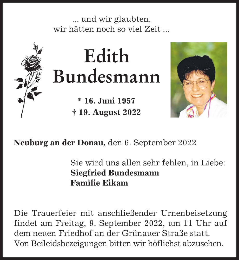 Traueranzeige von Edith Bundesmann von Neuburger Rundschau