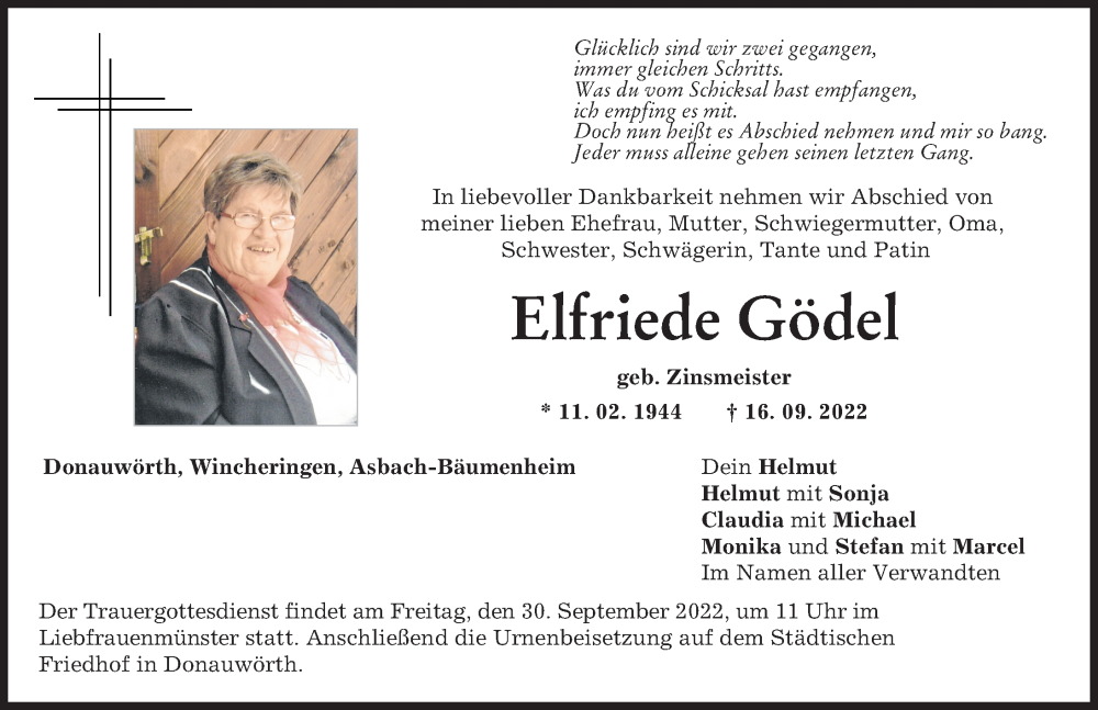 Traueranzeige von Elfriede Gödel von Donauwörther Zeitung