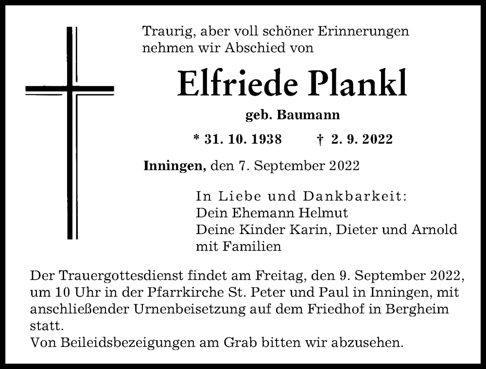  Traueranzeige für Elfriede Plankl vom 07.09.2022 aus Augsburger Allgemeine