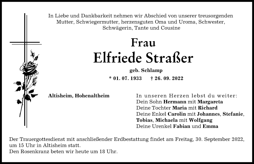  Traueranzeige für Elfriede Straßer vom 29.09.2022 aus Donauwörther Zeitung