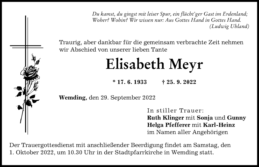  Traueranzeige für Elisabeth Meyr vom 29.09.2022 aus Donauwörther Zeitung
