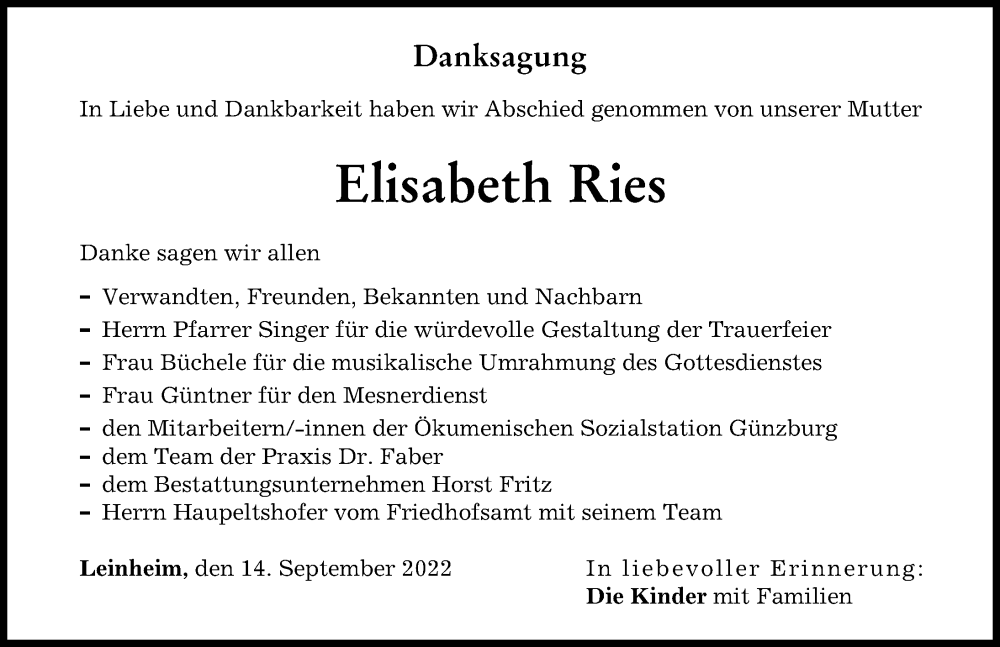  Traueranzeige für Elisabeth Ries vom 16.09.2022 aus Günzburger Zeitung