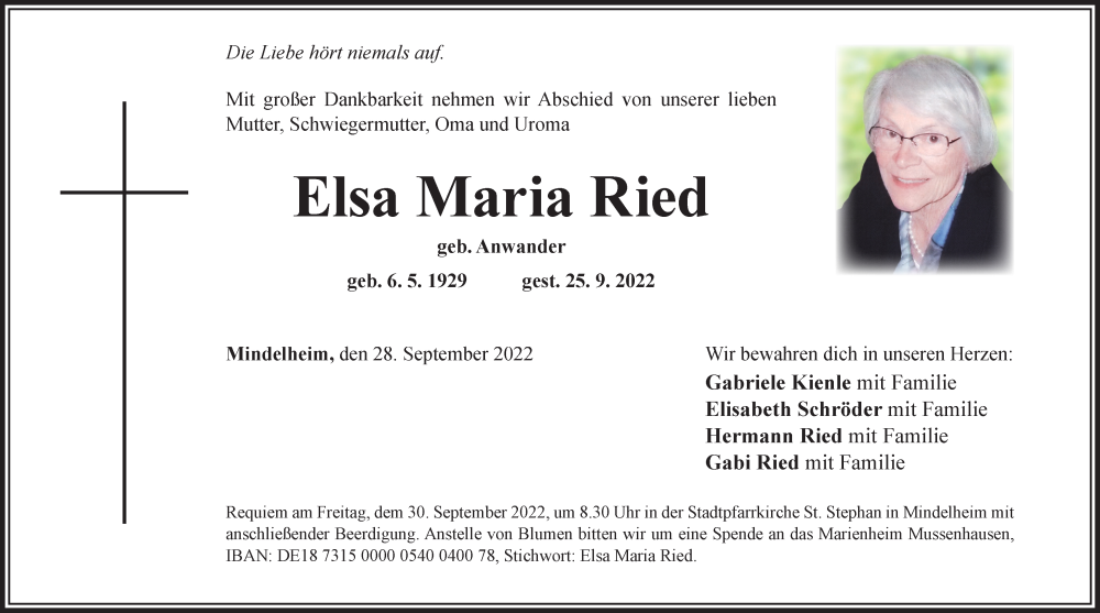  Traueranzeige für Elsa Maria Ried vom 28.09.2022 aus Mindelheimer Zeitung