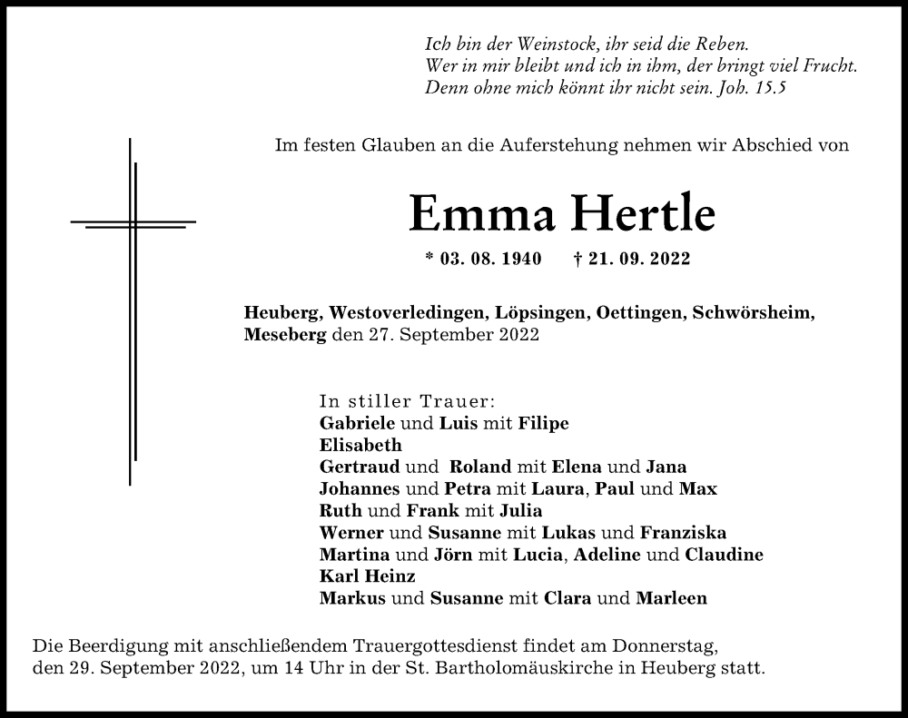  Traueranzeige für Emma Hertle vom 27.09.2022 aus Rieser Nachrichten