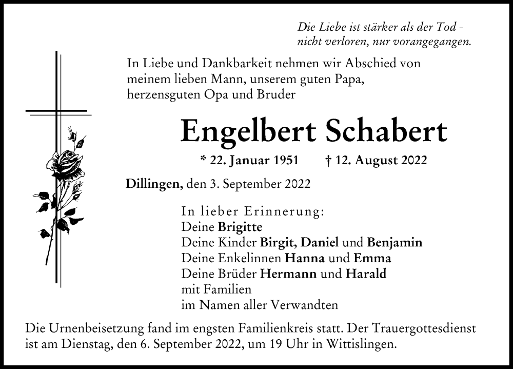 Traueranzeige von Engelbert Schabert von Donau Zeitung