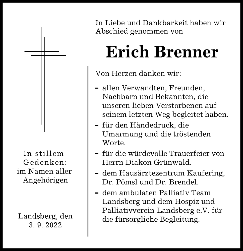 Traueranzeige von Erich Brenner von Landsberger Tagblatt