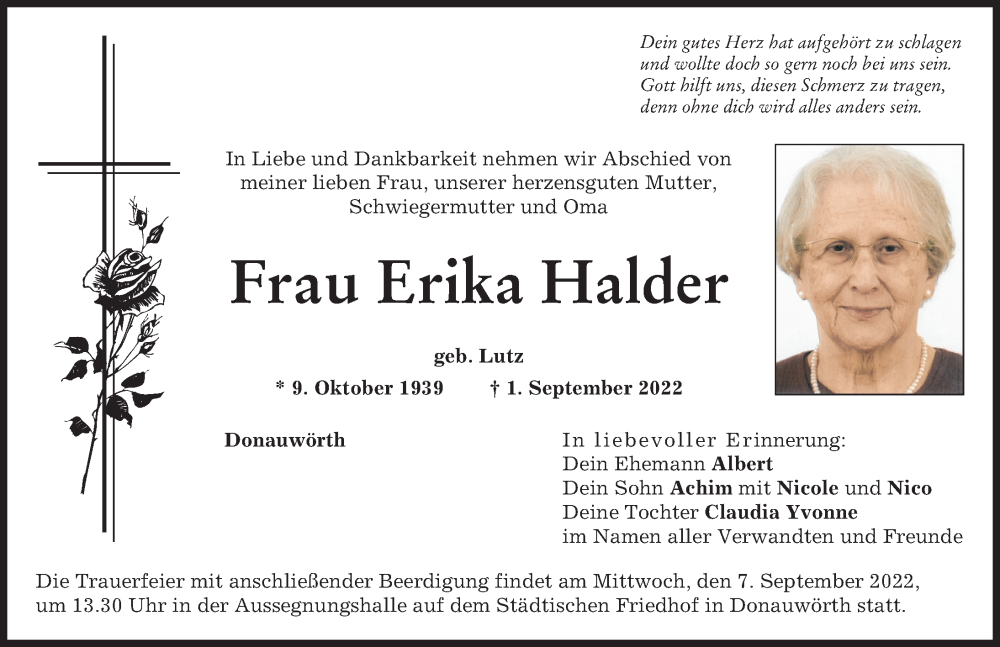 Traueranzeige von Erika Halder von Donauwörther Zeitung