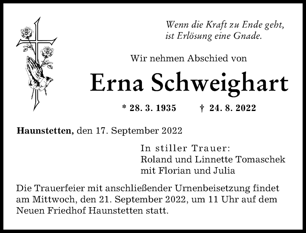 Traueranzeige von Erna Schweighart von Augsburger Allgemeine