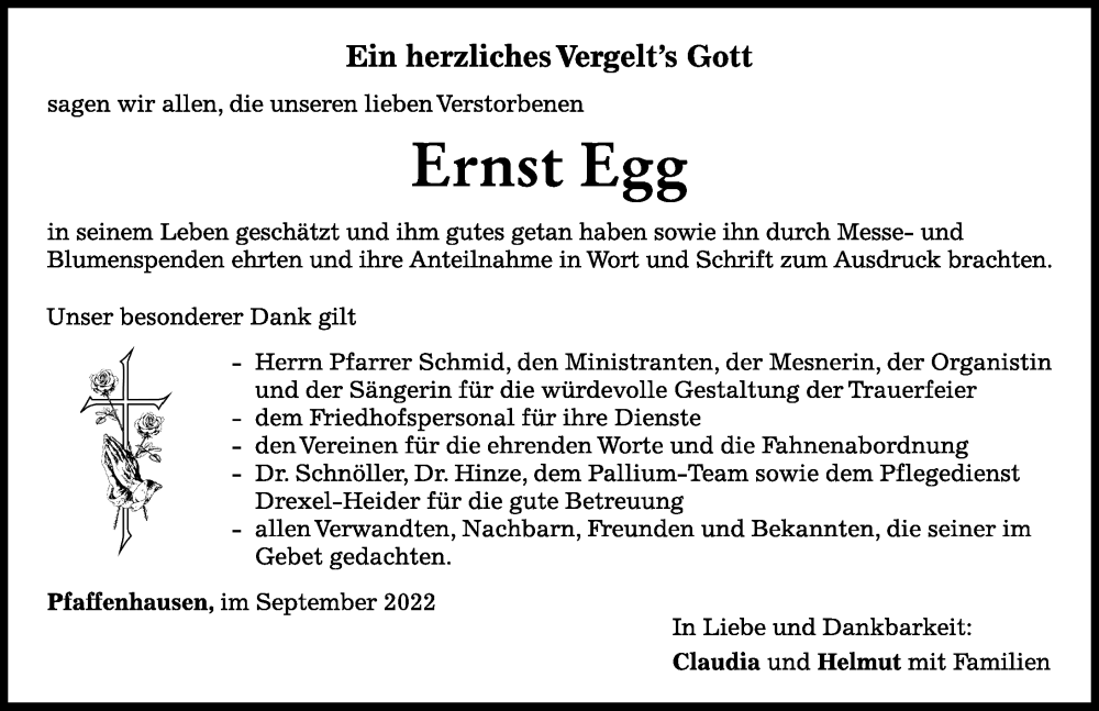 Traueranzeige von Ernst Egg von Mindelheimer Zeitung