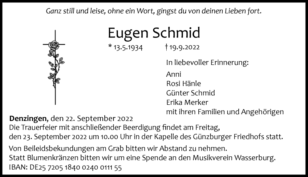  Traueranzeige für Eugen Schmid vom 22.09.2022 aus Günzburger Zeitung