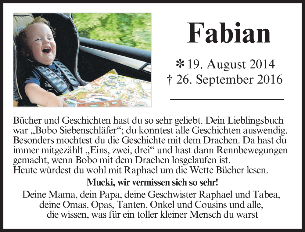  Traueranzeige für Fabian  vom 26.09.2022 aus Augsburger Allgemeine