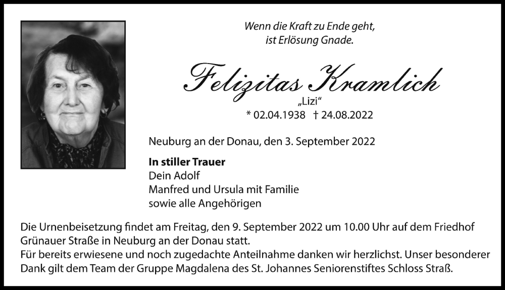  Traueranzeige für Felizitas Kramlich vom 03.09.2022 aus Neuburger Rundschau