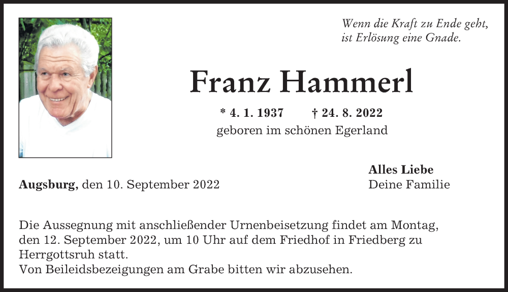 Traueranzeige von Franz Hammerl von Augsburger Allgemeine