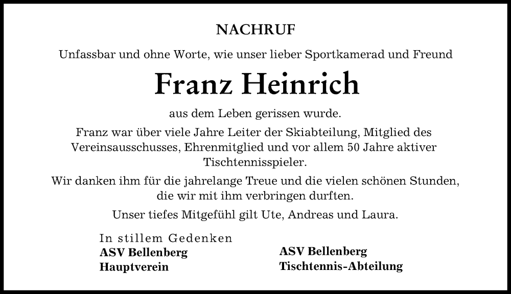  Traueranzeige für Franz  Heinrich vom 27.09.2022 aus Illertisser Zeitung
