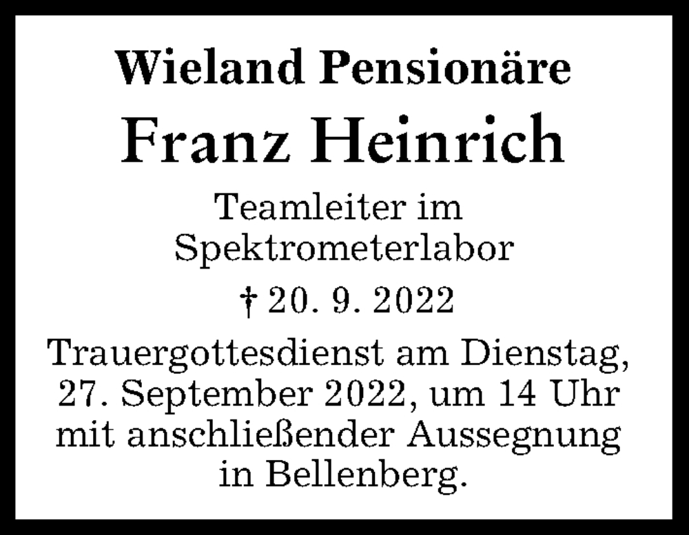 Traueranzeige von Franz  Heinrich von Illertisser Zeitung, Neu-Ulmer Zeitung