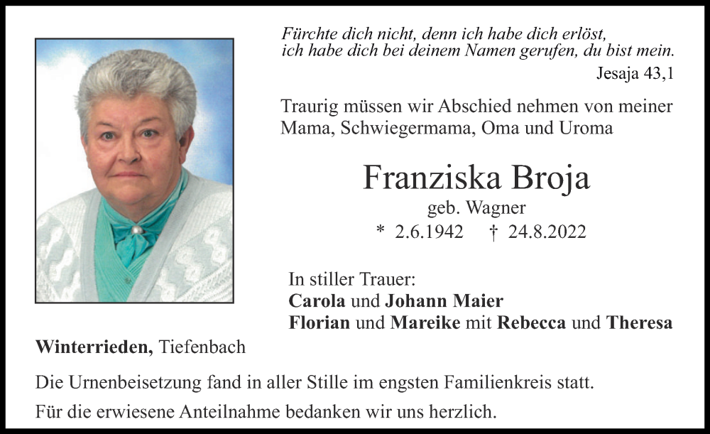  Traueranzeige für Franziska Broja vom 06.09.2022 aus Illertisser Zeitung