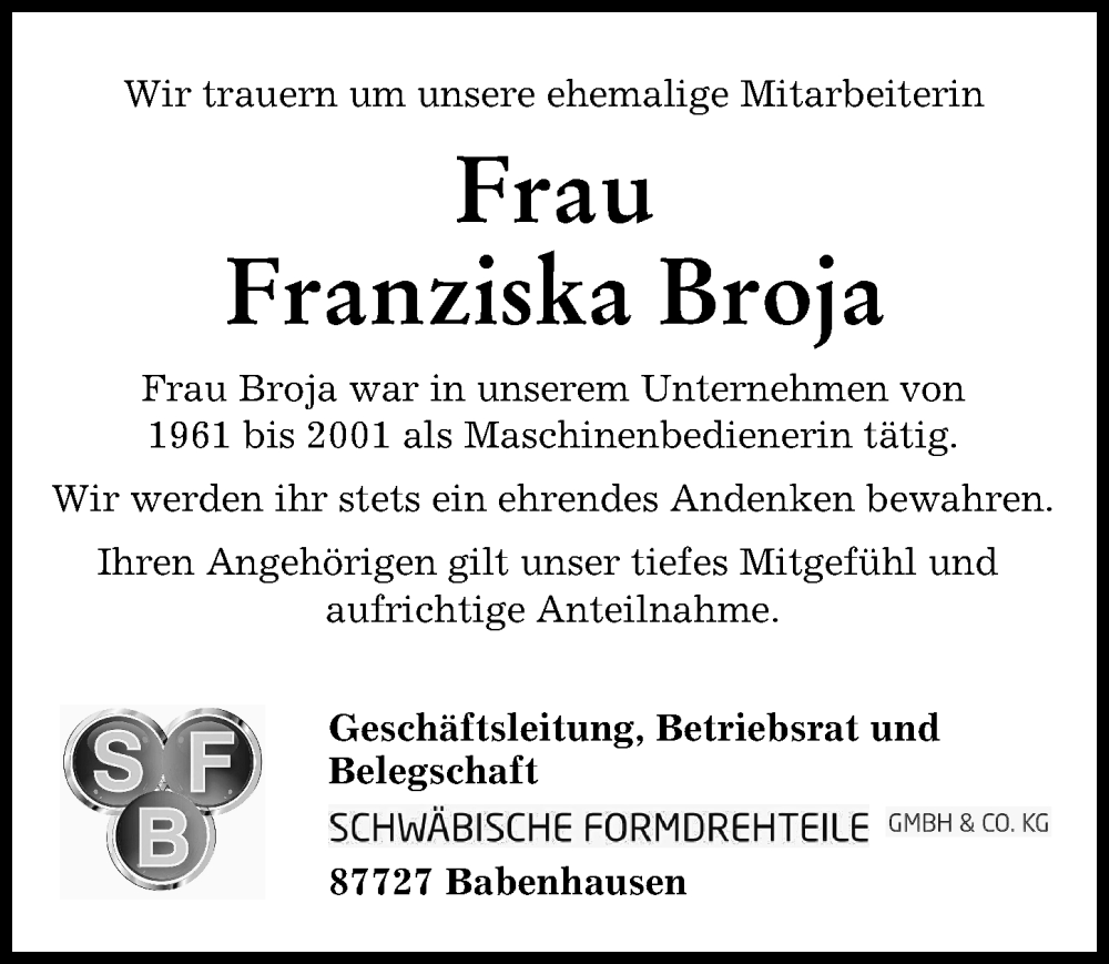  Traueranzeige für Franziska Broja vom 07.09.2022 aus Illertisser Zeitung