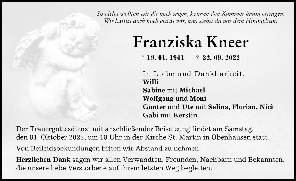  Traueranzeige für Franziska Kneer vom 28.09.2022 aus Illertisser Zeitung