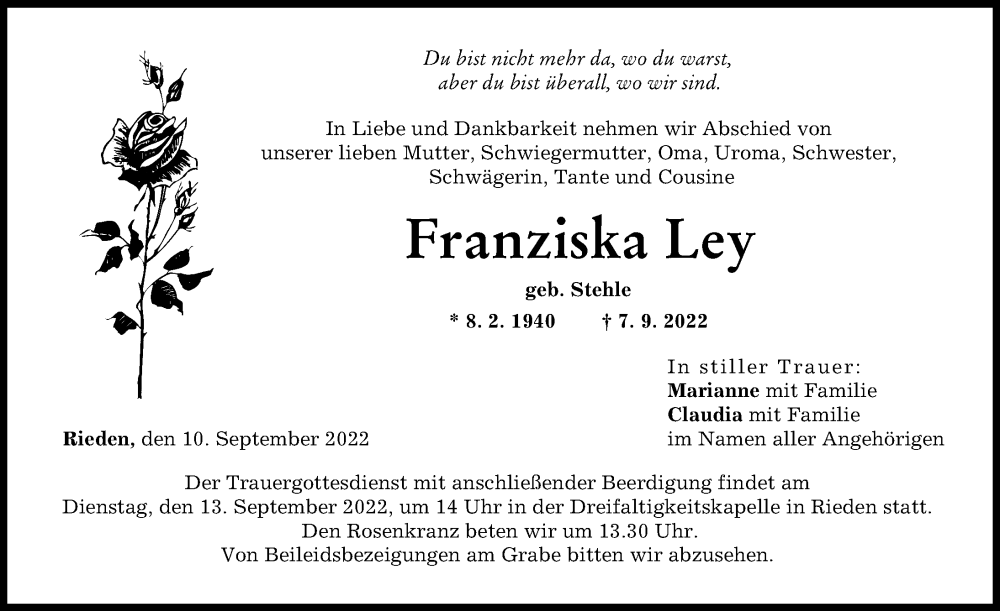  Traueranzeige für Franziska Ley vom 10.09.2022 aus Günzburger Zeitung