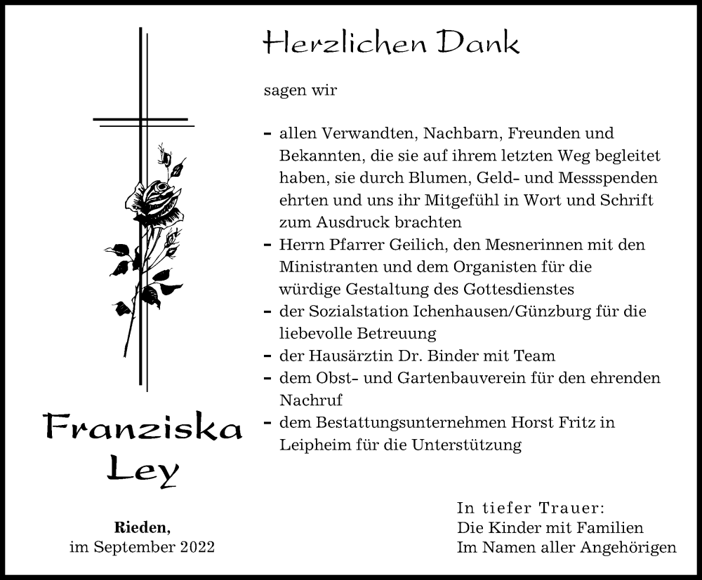 Traueranzeige für Franziska Ley vom 30.09.2022 aus Günzburger Zeitung
