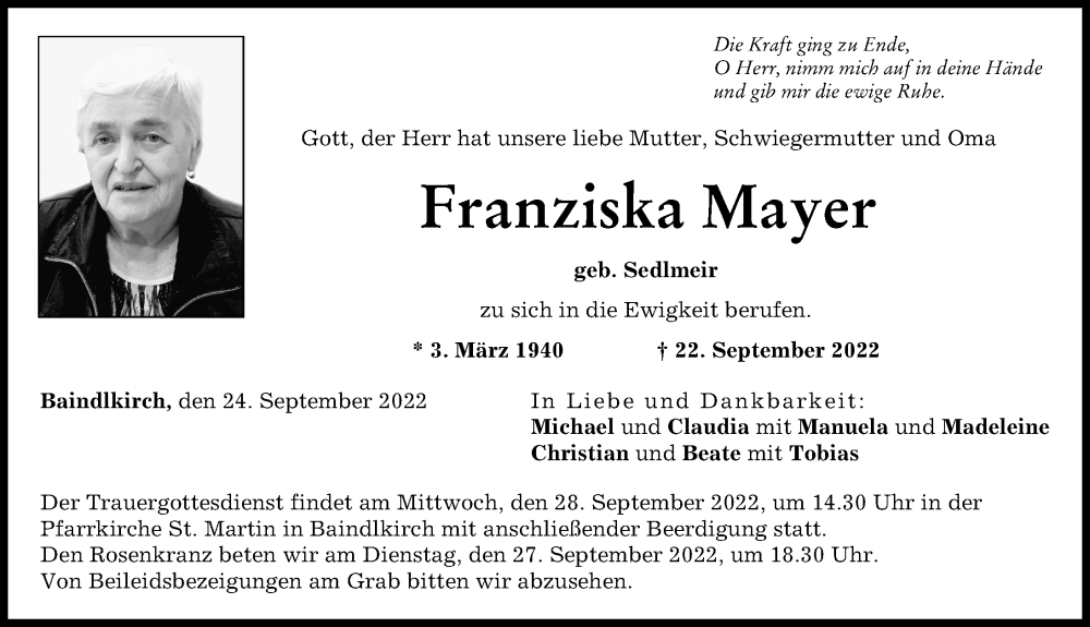 Traueranzeige von Franziska Mayer von Friedberger Allgemeine