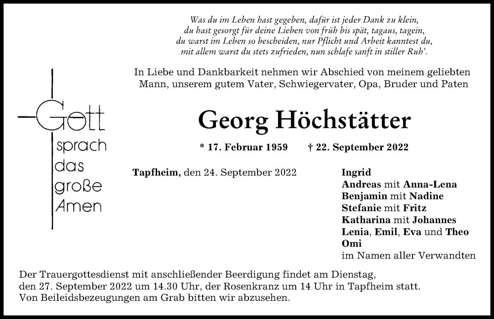  Traueranzeige für Georg Höchstätter vom 24.09.2022 aus Donauwörther Zeitung