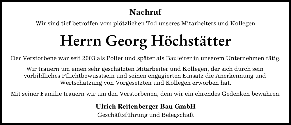 Traueranzeige von Georg Höchstätter von Donauwörther Zeitung, Wertinger Zeitung, Donau Zeitung, Augsburger Allgemeine